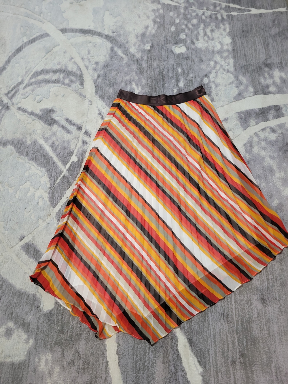 DKNY Asymmetrical Striped Pleated Maxi Skirt in Orange, Cream, Yellow & Brown